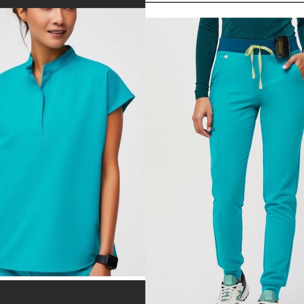 Figs teal set. Zamora jogger size Small Petite. Rafaela top size small. EUC